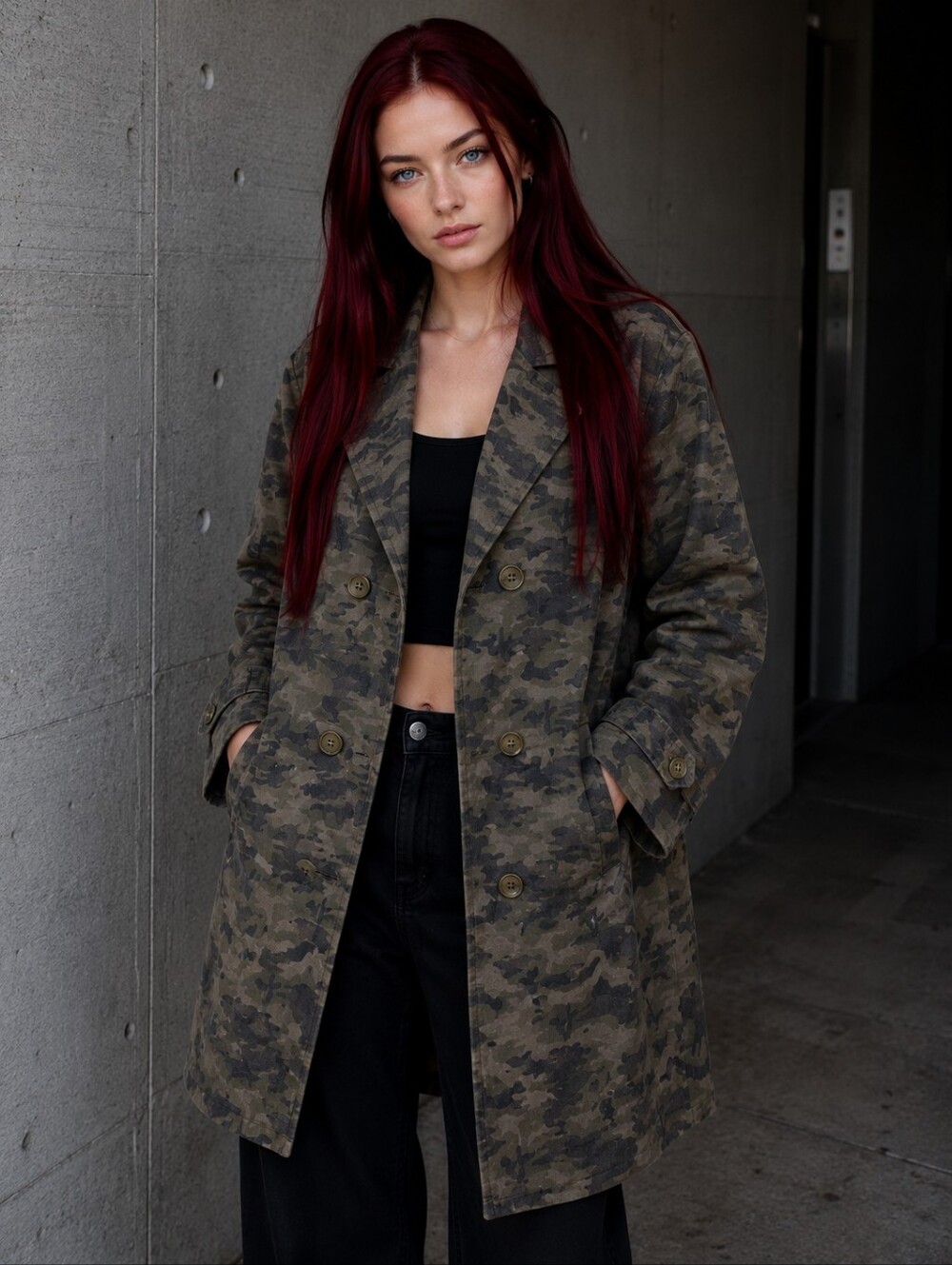 Mystree Camo Trench Coat Jacket L Green Black Utility Grunge Streetwear Oversize